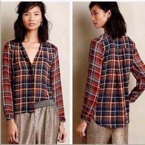 Anthropologie Maeve Plaid Sheer Button Up Blouse Size Small